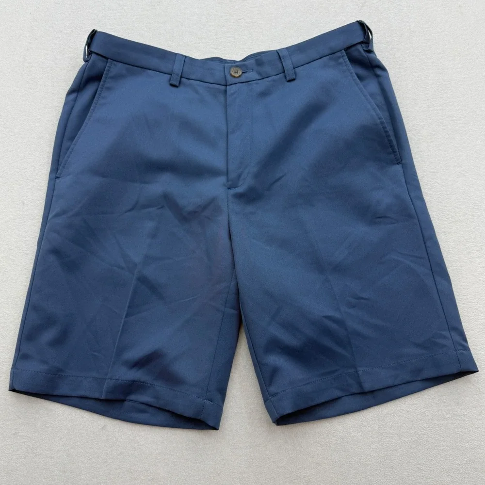 Haggar Dress Shorts Mens 34 Blue Flat Front Polyester Classic Fit Golf Summer